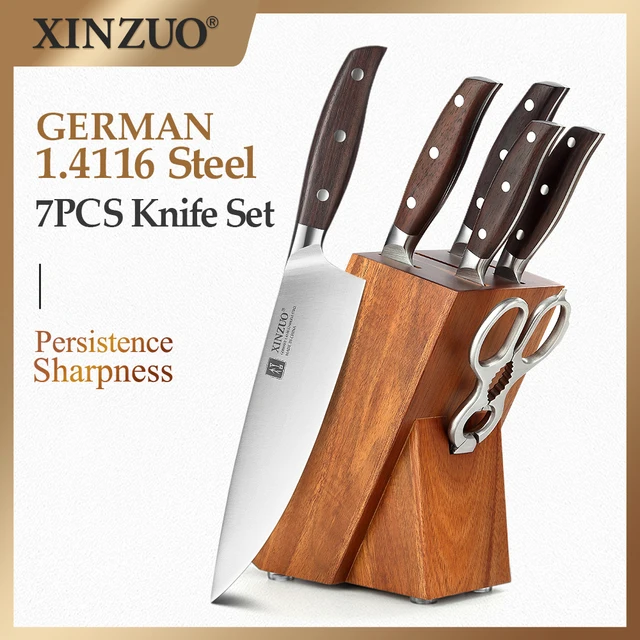XINZUO 7 sztuk zestaw noży kuchennych kute niemieckie 1.4116 stal nierdzewna Sharp Chef Santoku tasak do skórek nożyczki kuchenne zestaw narzędzi