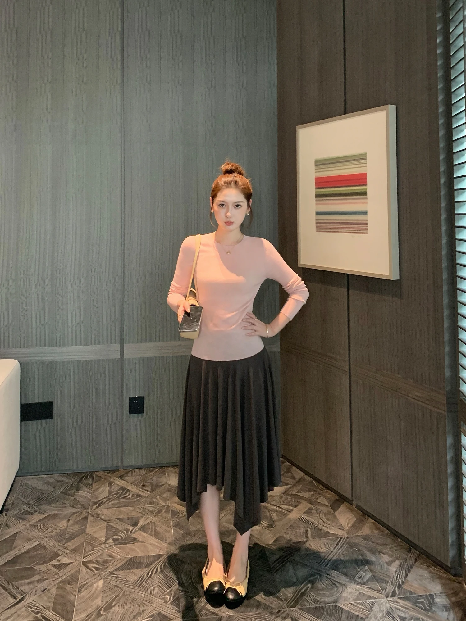 Pusumede Rhythmical Ruche Women's Midi Skirt Asymmetrical High Waist Viscose Polyester Blend A-Line Slimming Skirt