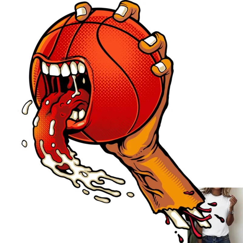 Trendy Personality Basketball Cartoon Pattern Heat - Transfer White Ink Iron - on ，Suitable for T - shirts/Canvas Bags ，Street