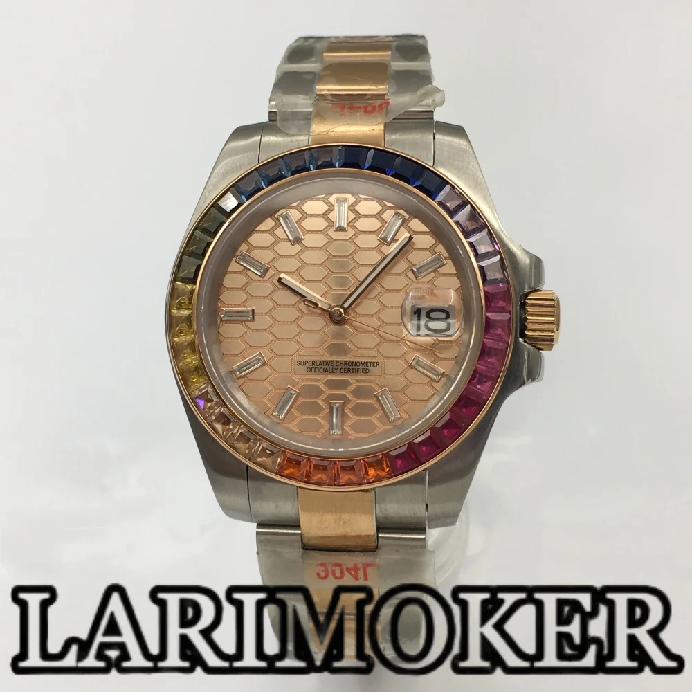 

Роскошные мужские часы LARIMOKER 40 мм, цветной бриллиантовый безель, сапфировое стекло, часы NH35, автоматические механические часы