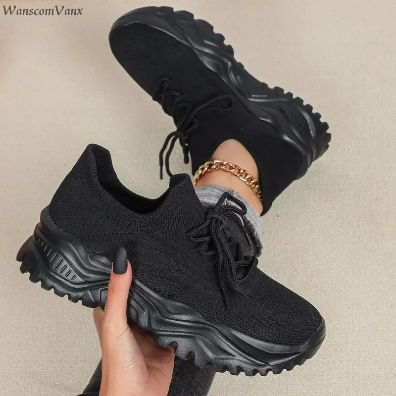Модные массивные кроссовки на  – обзор и цена Knit Fabric Lace Up Sneakers
