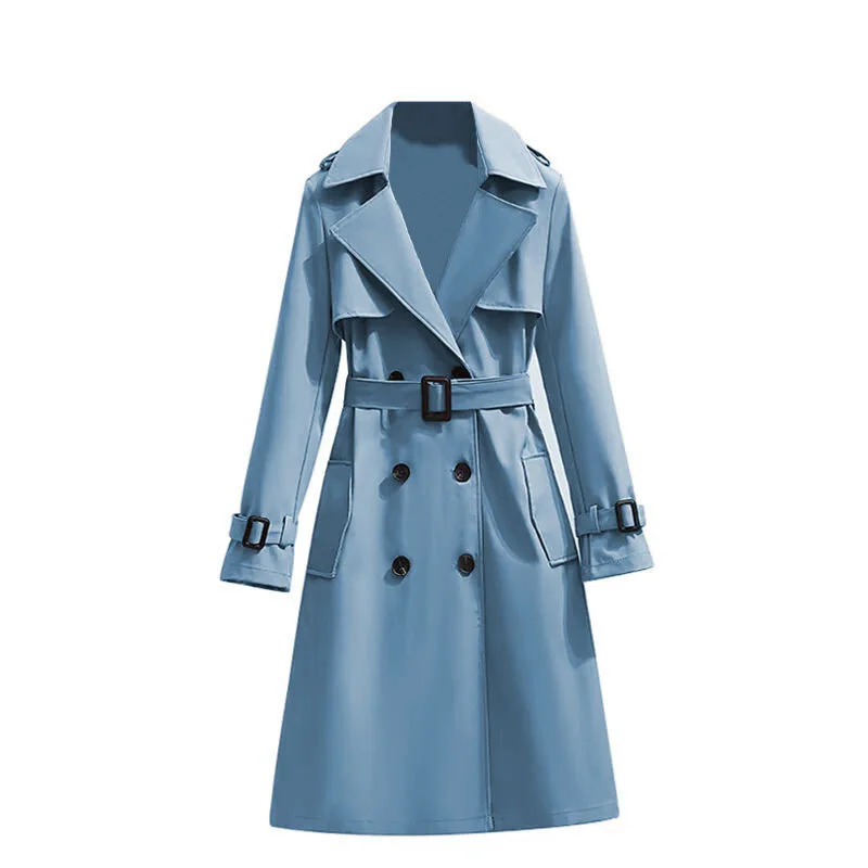 2025 clássico feminino blusão primavera e outono temperamento duplo breasted longo trench coat com cinto notch lapela casaco