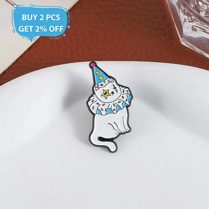 Cute White Cat Enamel Pins Custom Circus Clown Mask Brooches Lapel Badges Clothes Animal Jewelry Gift for Kids Friends