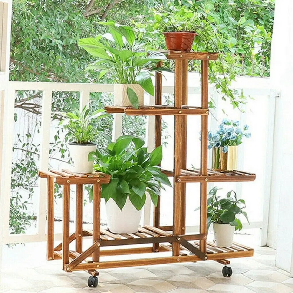 UNHO Wooden Plant Stand with Wheels Multi-Layer Rolling Plant Flower Display Shelf Indoor Movable Storage Rack Holder Outdoor fo