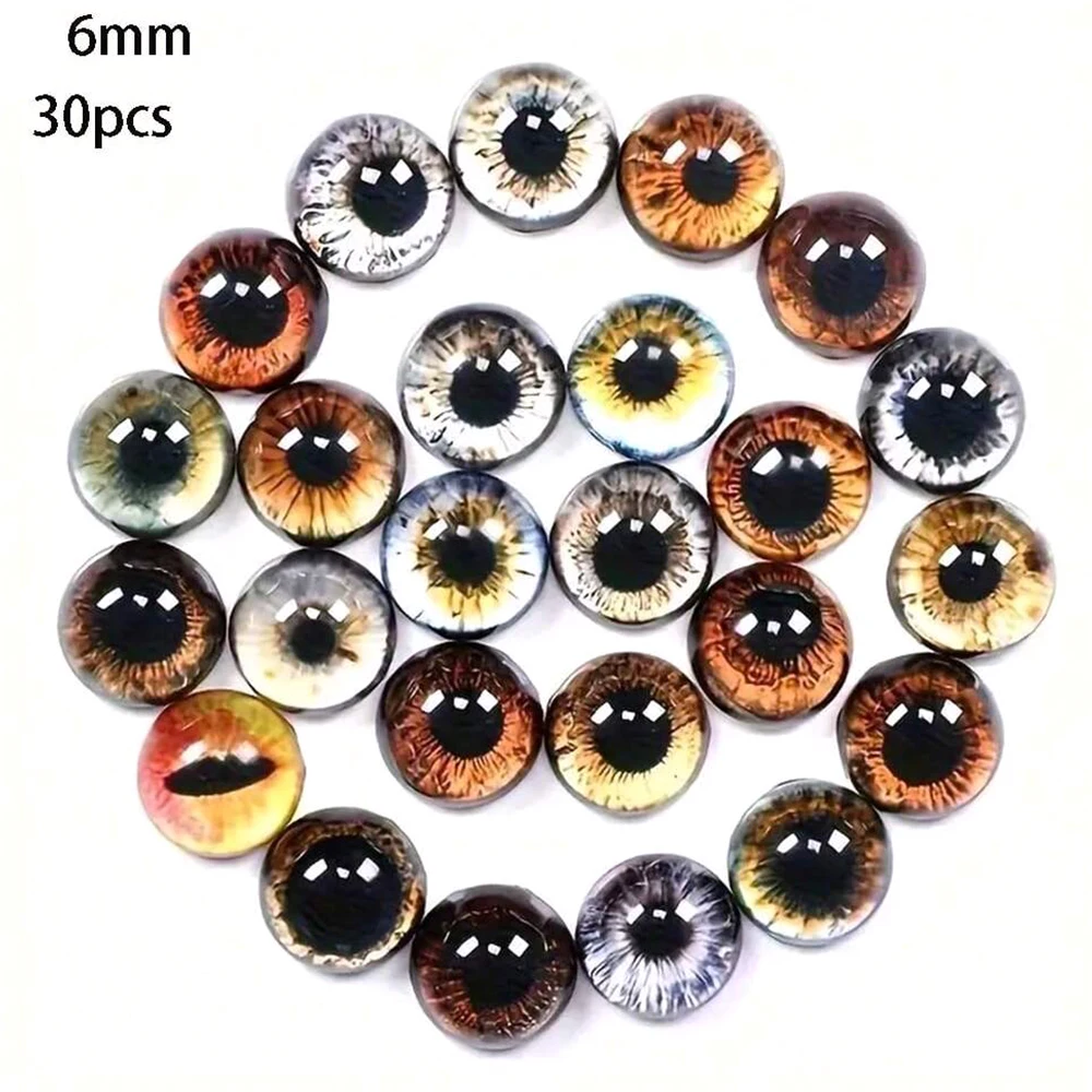 6/8/12/16 mm Puppenaugen, Katzenaugen, Glasaugen, rundes Cabochonauge, gemischt bedruckt, halbrunde Augen, 30 Stück, Mini-Tieraugen für Puppen-Requisiten