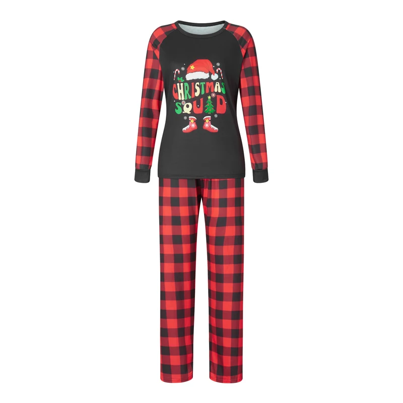 Christmas Pajamas for Family Long Sleeve Letter Boots Print Tops + Buffalo Plaid Pants Set Winter Sleepwear