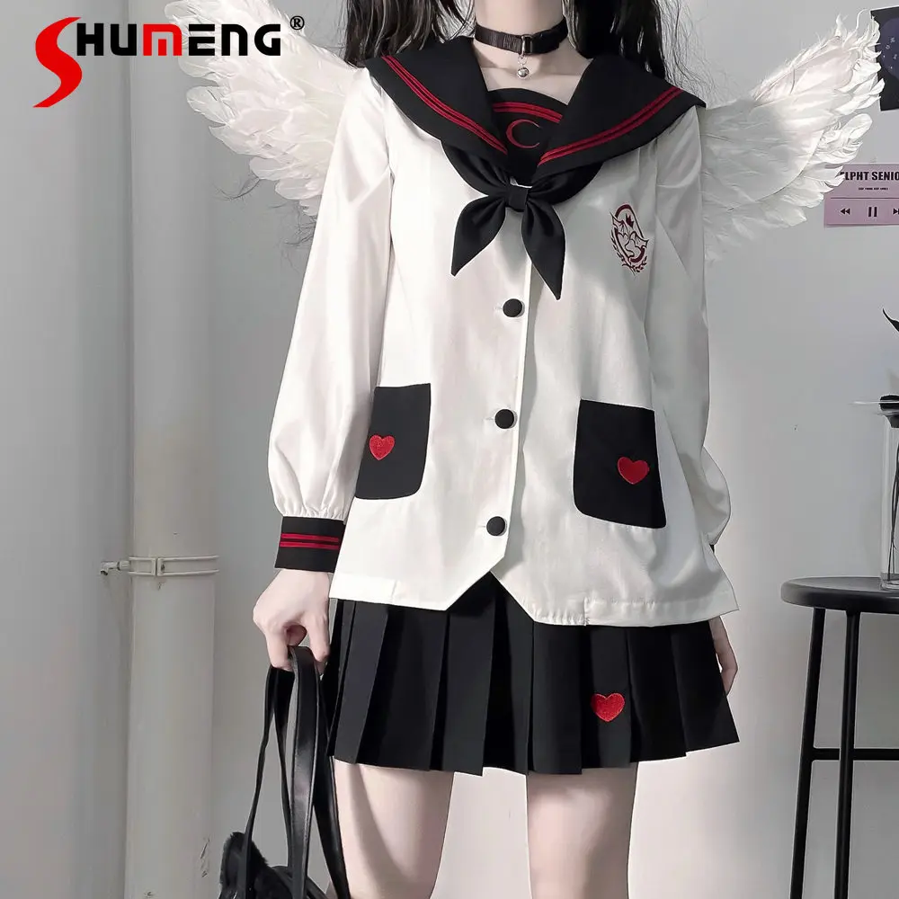 

Original Cute Jk Uniform Suit Japanese College Style Sweet Long Sleeve Sailor Suit Top Short Pleated Black Skirt 2 Pieces Set