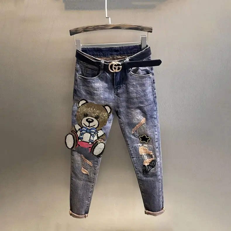 

Джинсы женские с высокой талией, украшенные аппликацией в виде медведя, облегающие, эластичные, модные, стройнящие, длинные брюки, повседневные, весенний сезон