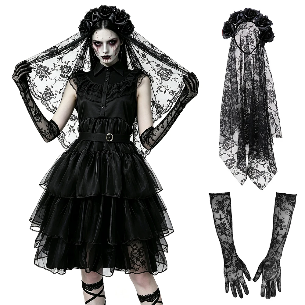 Disfraz de Halloween: vestido de novia fantasma, disfraz de vampiro o bruja, vestido oscuro de estilo gótico con tul negro y capas, guantes de encaje, velo y dos cinturones.