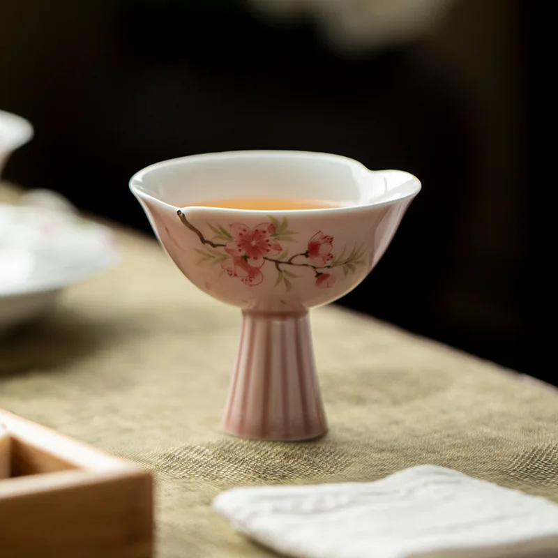 Hand Painted Peach Blossom Stemmed Master Cup Ceramic Flared Rim Tasting Cup Kung Fu Tea Household Tea Room Holiday Decor Gift