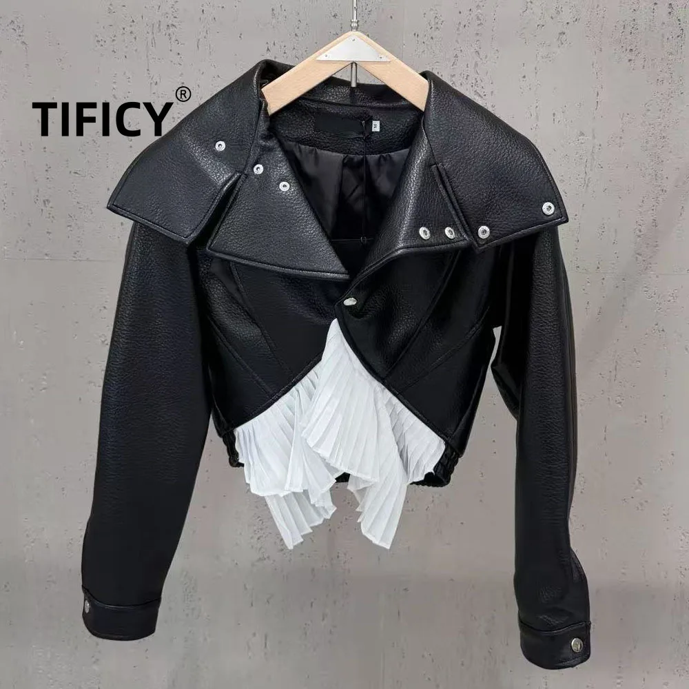High Street Jackets Women's Autumn Asymmetrical Ruffle Edge Splicing PU Leather Jacket Fashionable Streetwear Jacket