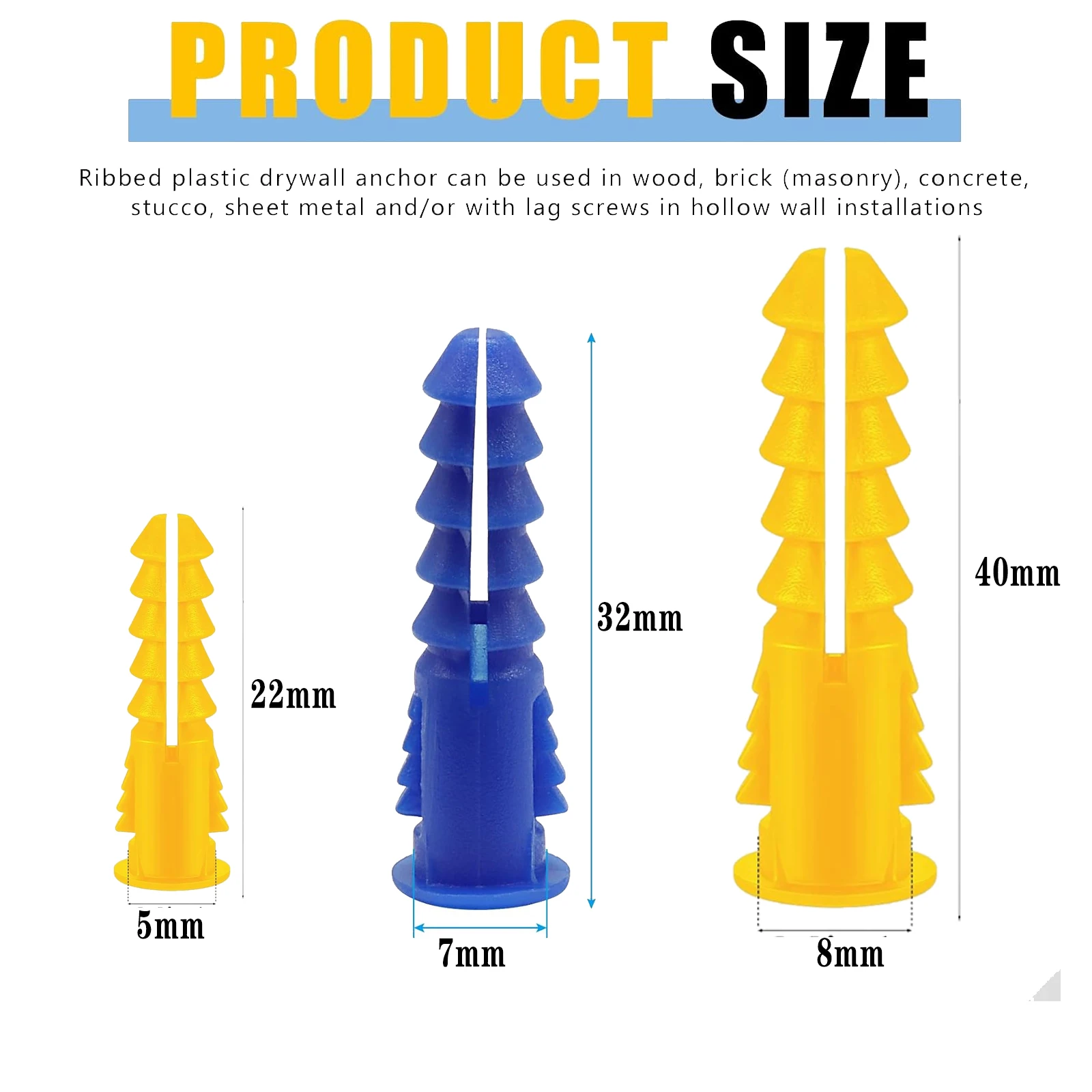 100/200pcs Ribbed Plastic Wall Anchors,  Heavy-Duty Expansion Anchors for Screws