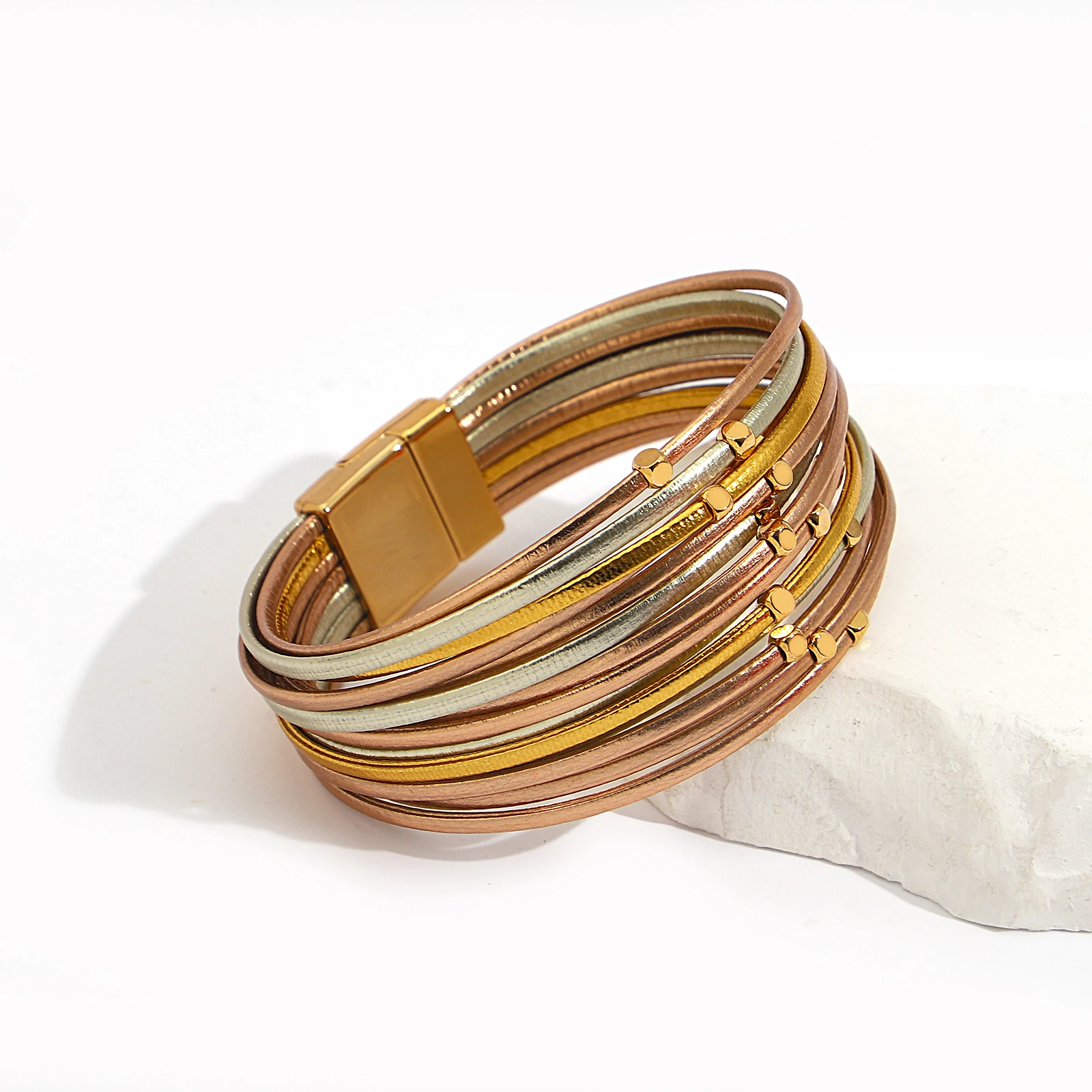 

Amorcome Luxury Gold Color Leather Bracelet for Women Multilayer Winding Magnetic Buckle Bracelet Fashion Hand Jewelry Gift