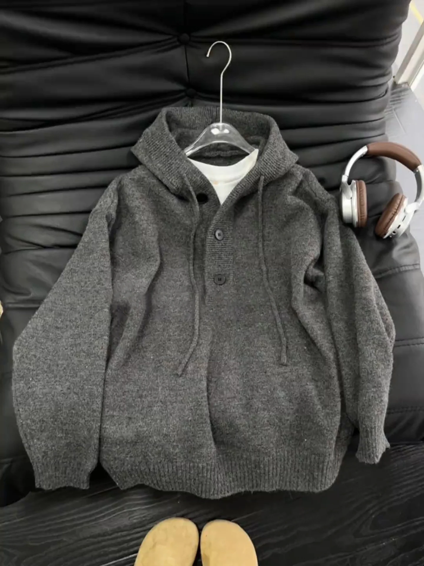 

Deep ey American Sle Lazy Henley Ne Hoodie Men's Knitted Sweater Autumn Winter Casual Loose Fit Button up Coat