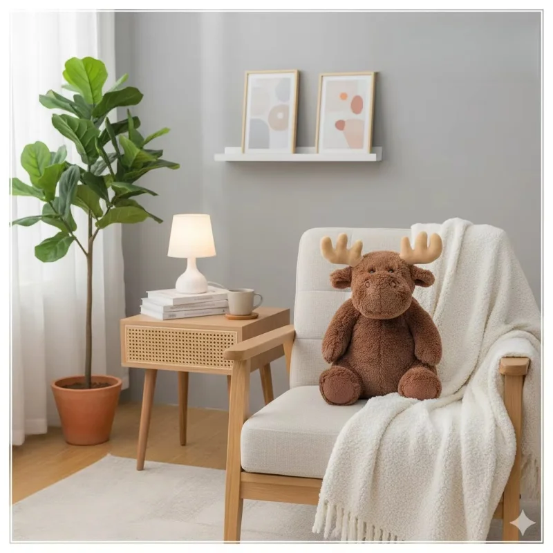 Jouet en peluche d'élan de noël avec bois, poupée assise de renne en peluche douce pour enfants, ornement de canapé, cadeaux Surprise d'anniversaire pour enfants