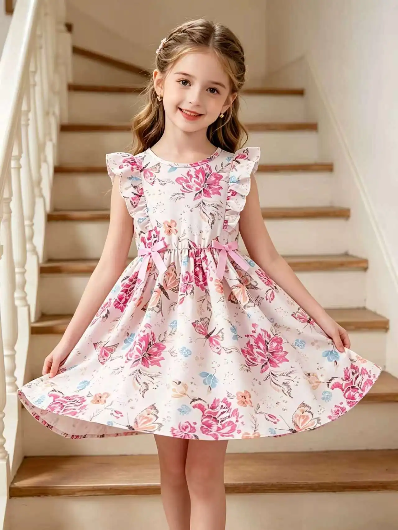 Sweet Pink Floral Bow Waist Princess Dress for Girls, Kids Floral Butterfly Flutter Sleeve Dress