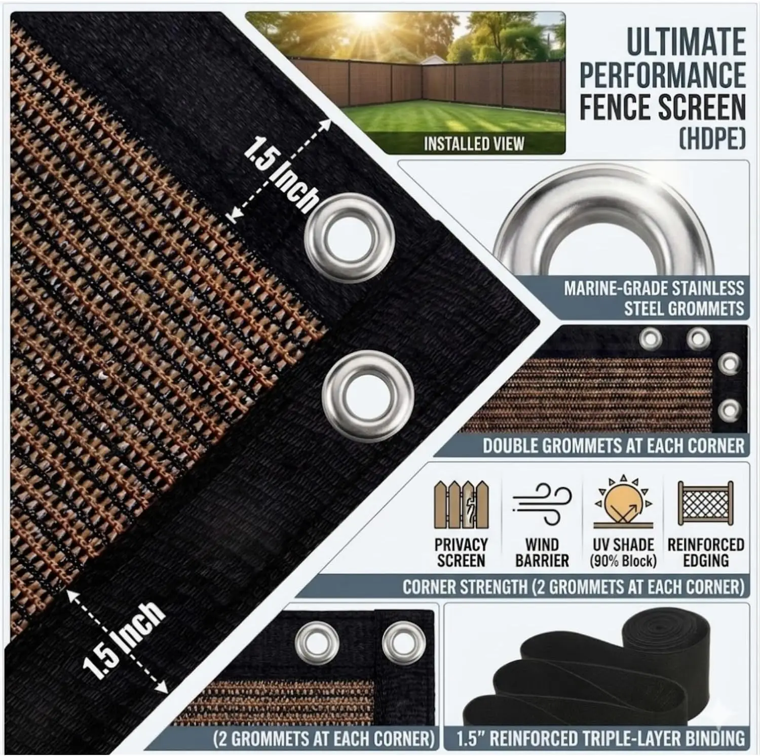 90% Sun Shade Cloth 10x20ft, Wind-Resistant Tarp with Stainless Steel Grommets, Privacy Screen for Patio & Deck