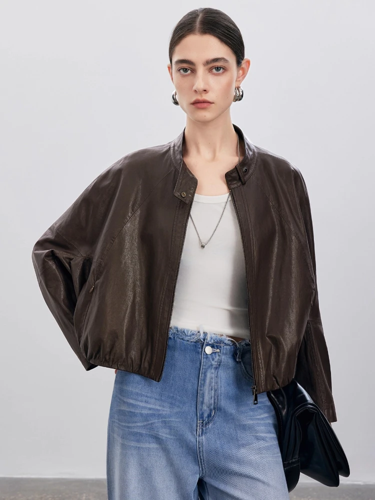 

Casual Short Genuine Leather Motorcycle Jackets Women Spring Autumn High-end Simple Stand Collar Loose Soft Real Sheepskin Coat