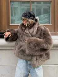 Chic Stand Collar Faux Fur Short Coat For Women Elegant Fluffy Plush Hidden Buttons Long Sleeve Jacket Female 2024 Warm Outwear