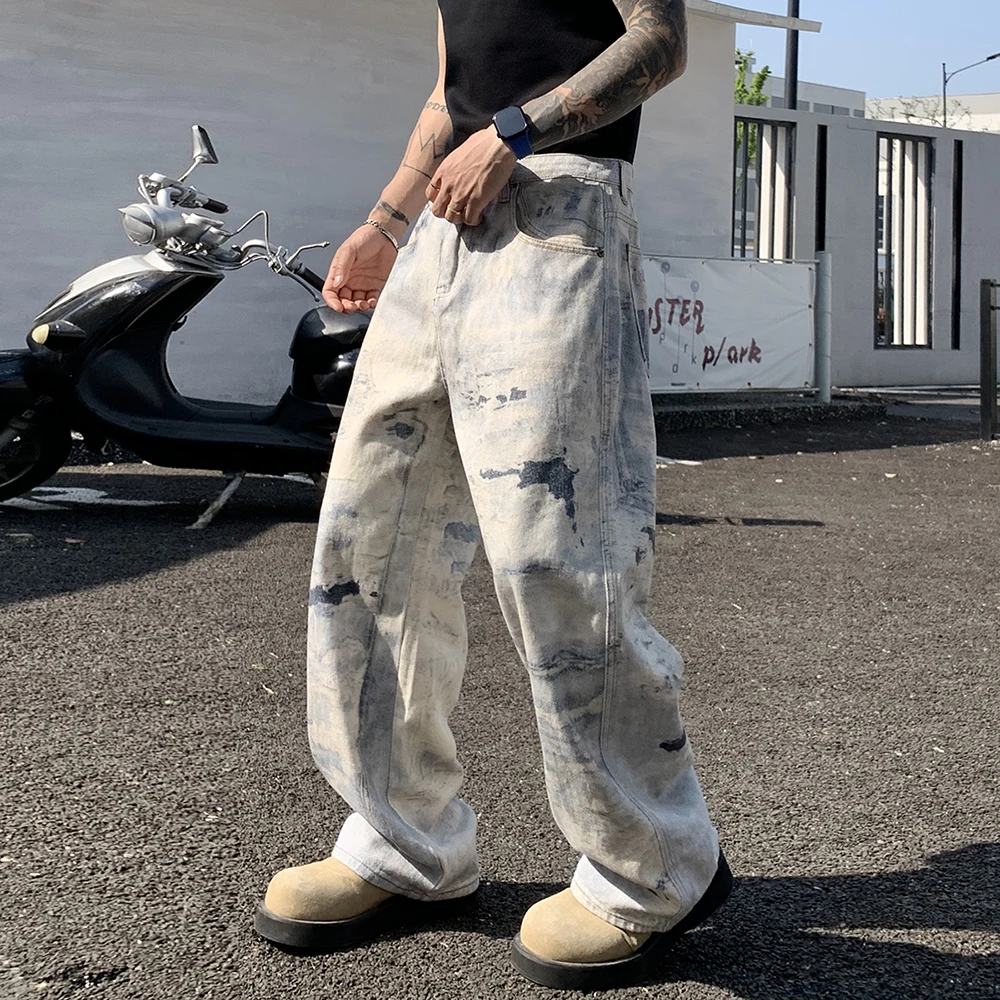 

Мужские зауженные джинсы в стиле стритвир с эффектом потертости и выцветания, свободные прямые широкие джинсовые брюки