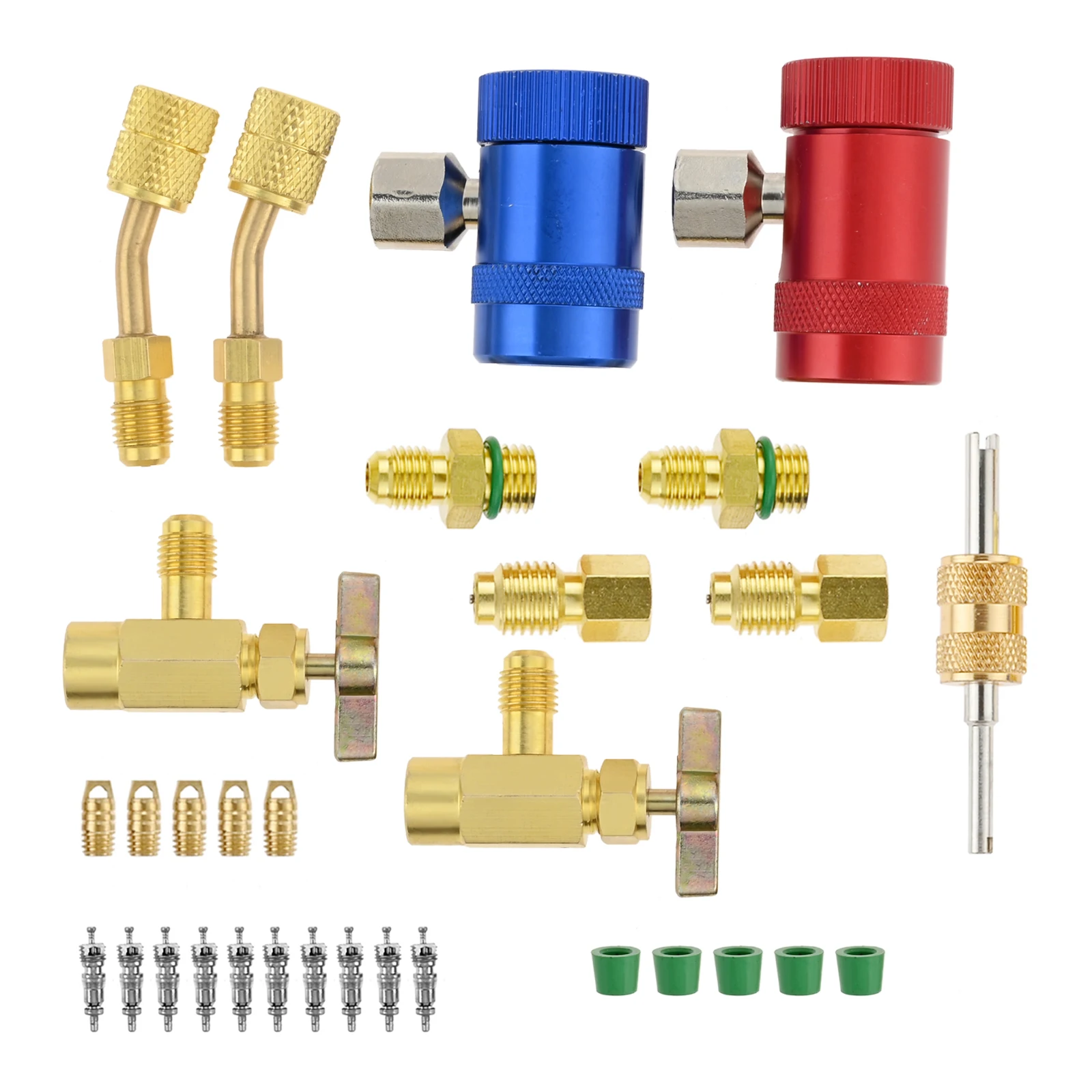 18Pcs/Set R1234yf Adapter Kit Car Air Conditioner Quick Couplers Angled Ball Valve Hose Seals Can Taps Valve Core Remover