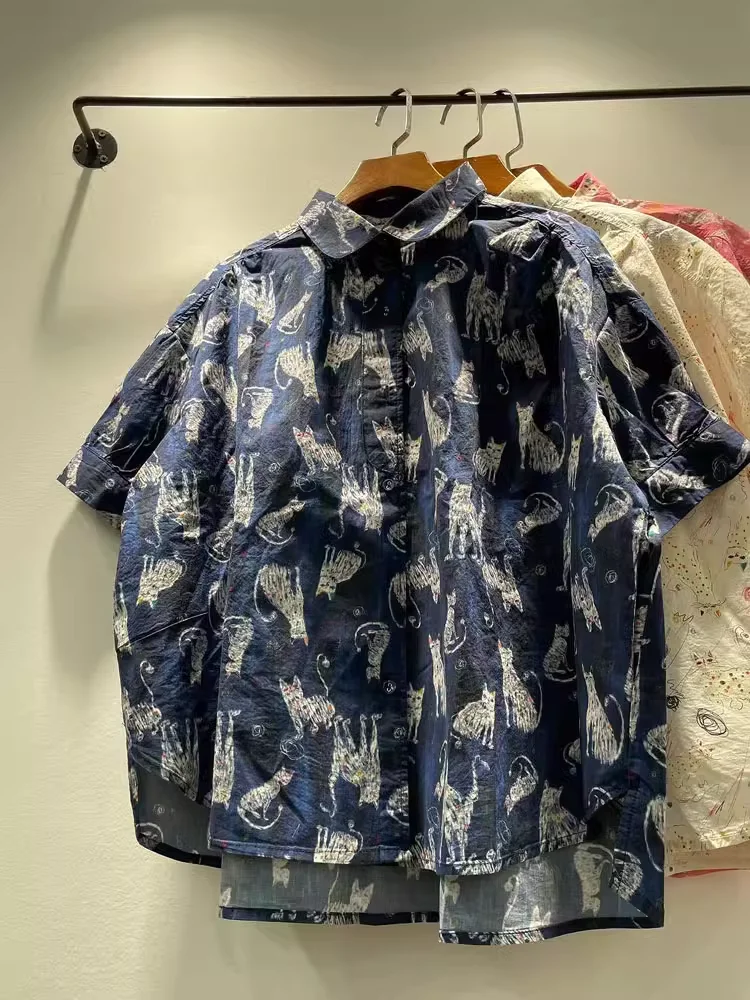 

Bust 126cm 100% cotton cartoon print pink beige blue shirts short sleeve blouses for women Japan summer big size tops