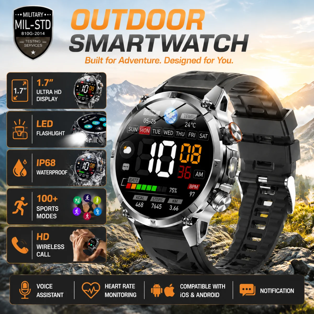 TANK Ultra Military Sports Smart Watch Men Outdoor Compass SOS Flashlight Health Monitoring IP68 Waterproof Smartwatch For Men