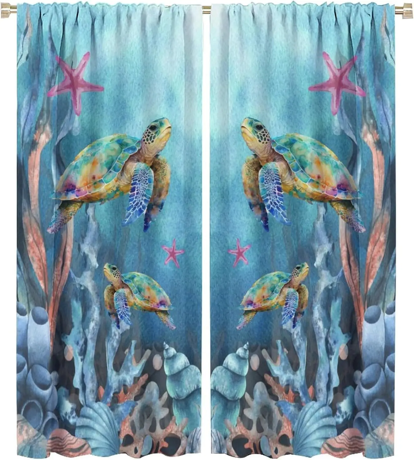 Cortinas Opacas Náuticas con Diseño de Tortuga Marina, Animales Submarinos, Conchas, Estrellas de Mar, Verde Menta, Vida Marina, Plantas, Corales y Algas Marinas