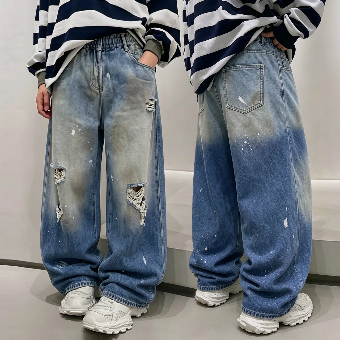 Boys Fashion Distressed Ripped Jeans for Children's Spring Autumn New Style Soft Baggy Gradient Denim Pants Kids Causal Trousers