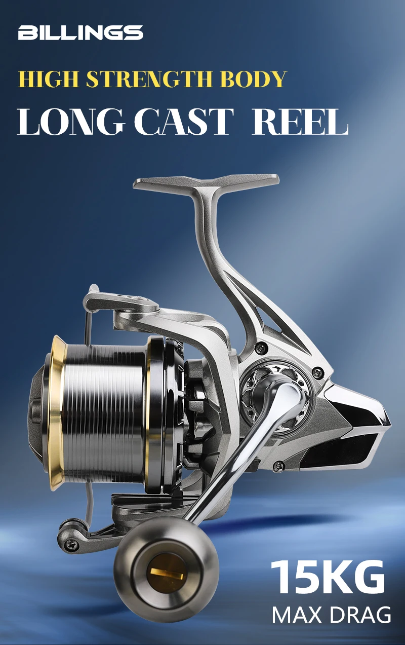 BILLINGS Spinnrolle für Weitwürfe, Angelrolle mit Edelstahlspindel, 6+1BB, Hochfester Körper, Maximale Bremskraft 15KG, Mit Metallspule – Detail 1