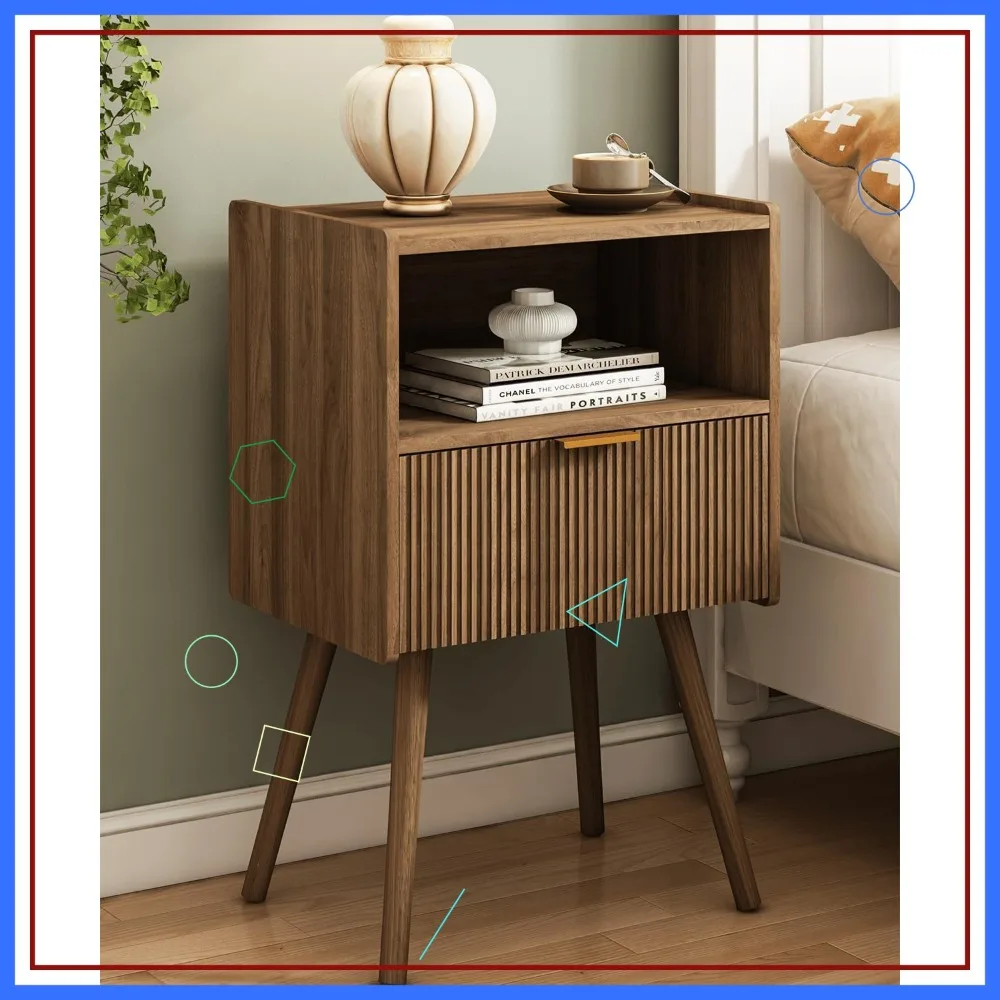 

Modern Nightstand with Drawer and Shelf, Walnut Brown, 16.5x11.8x25.6 Inches, Easy Assembly