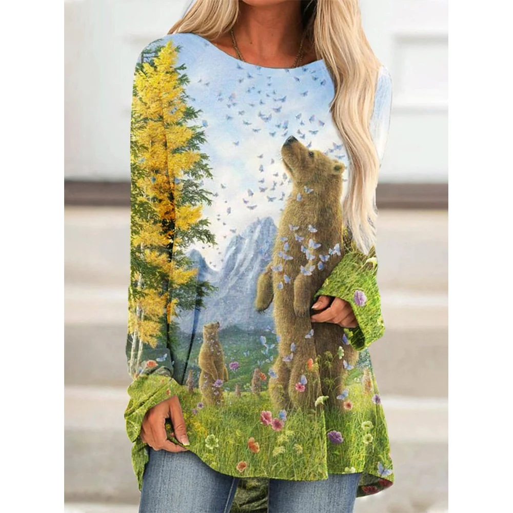 CLOOCL Neue Frauen T-Shirt Pullover Wald Tiere Drucken Casual Langen Ärmeln Shirts Damen Homewear Frauen Kleidung Drop Shipping