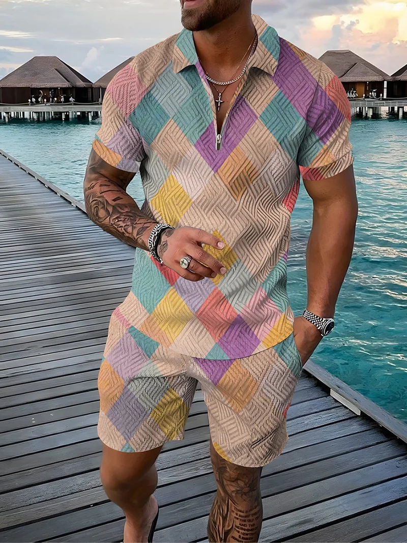 Conjunto de chándal para hombre a la moda de verano, parches de colores, estampado 3D, Polo informal con cremallera y pantalones cortos, conjuntos de 2 uds, conjuntos de chándal de gran tamaño