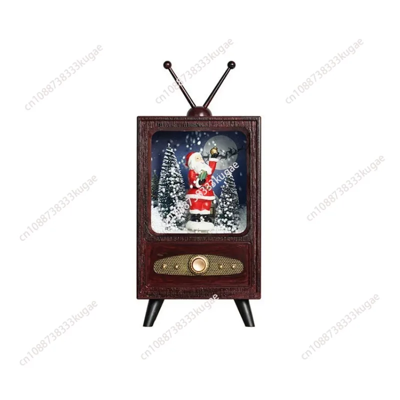 Retro Large TV Styling Ornament Santa Claus Skiing Micro-landscape Music Snow Ambient Lighting Decoration