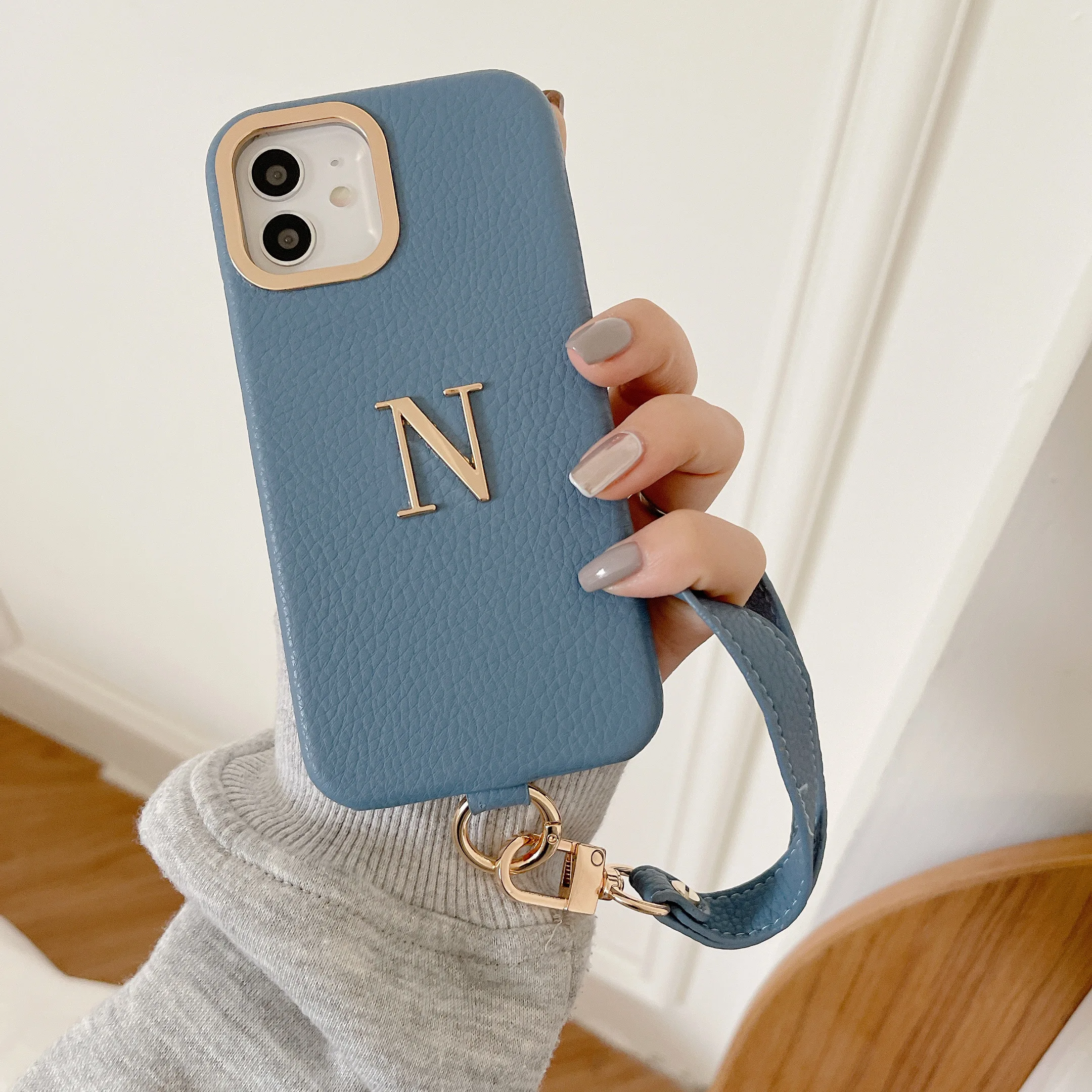 

Leather Custom Initial Hand Rope Phone Case16 15 14 13 12 Pro Max 14 15 16Plus iPhone Small Gold Letters Luxury Female Case