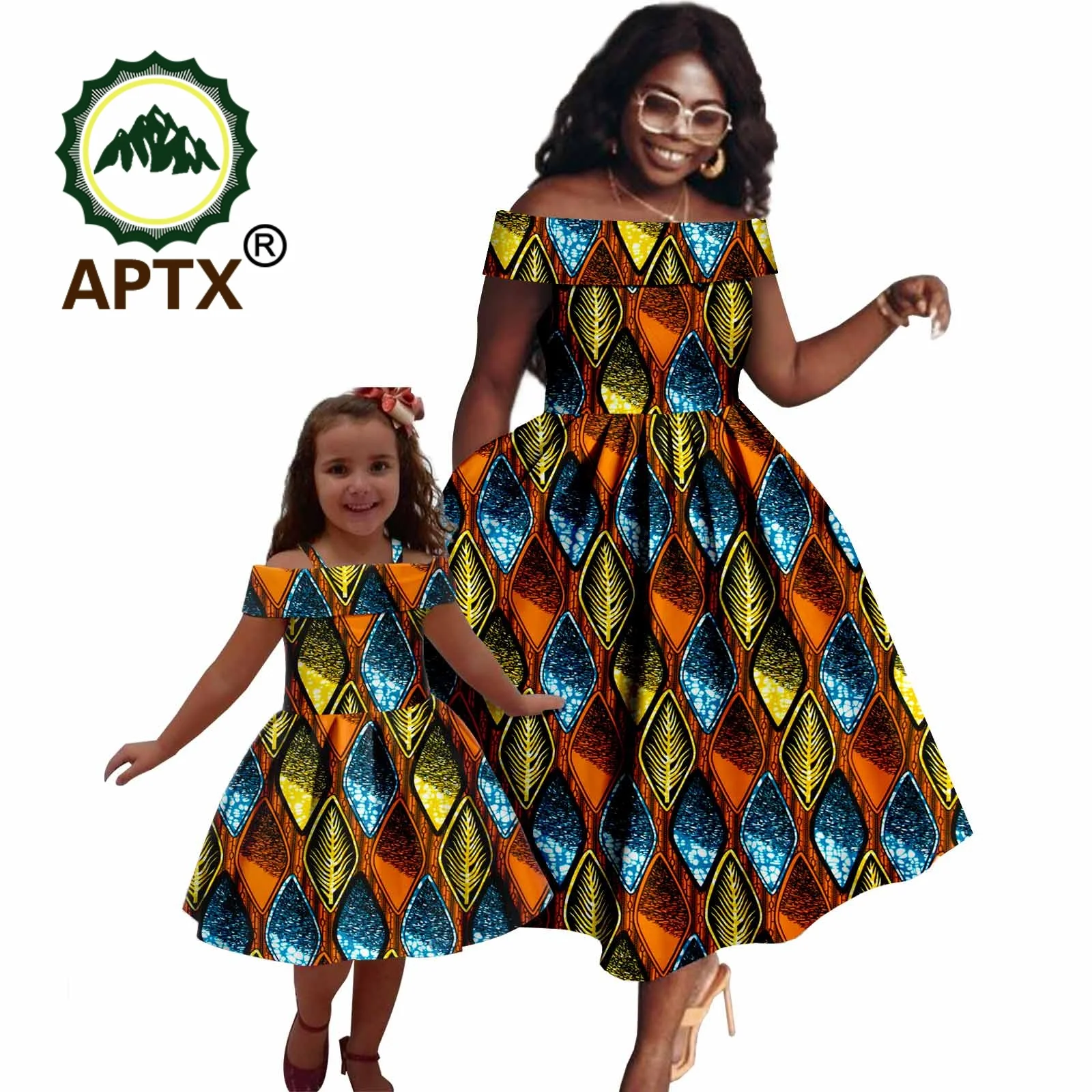 African Dashiki Family Matching Clothes Mom and Daughter Outfit Ankara Print Women Off Shoulder Party Dress with Pocket  F234005