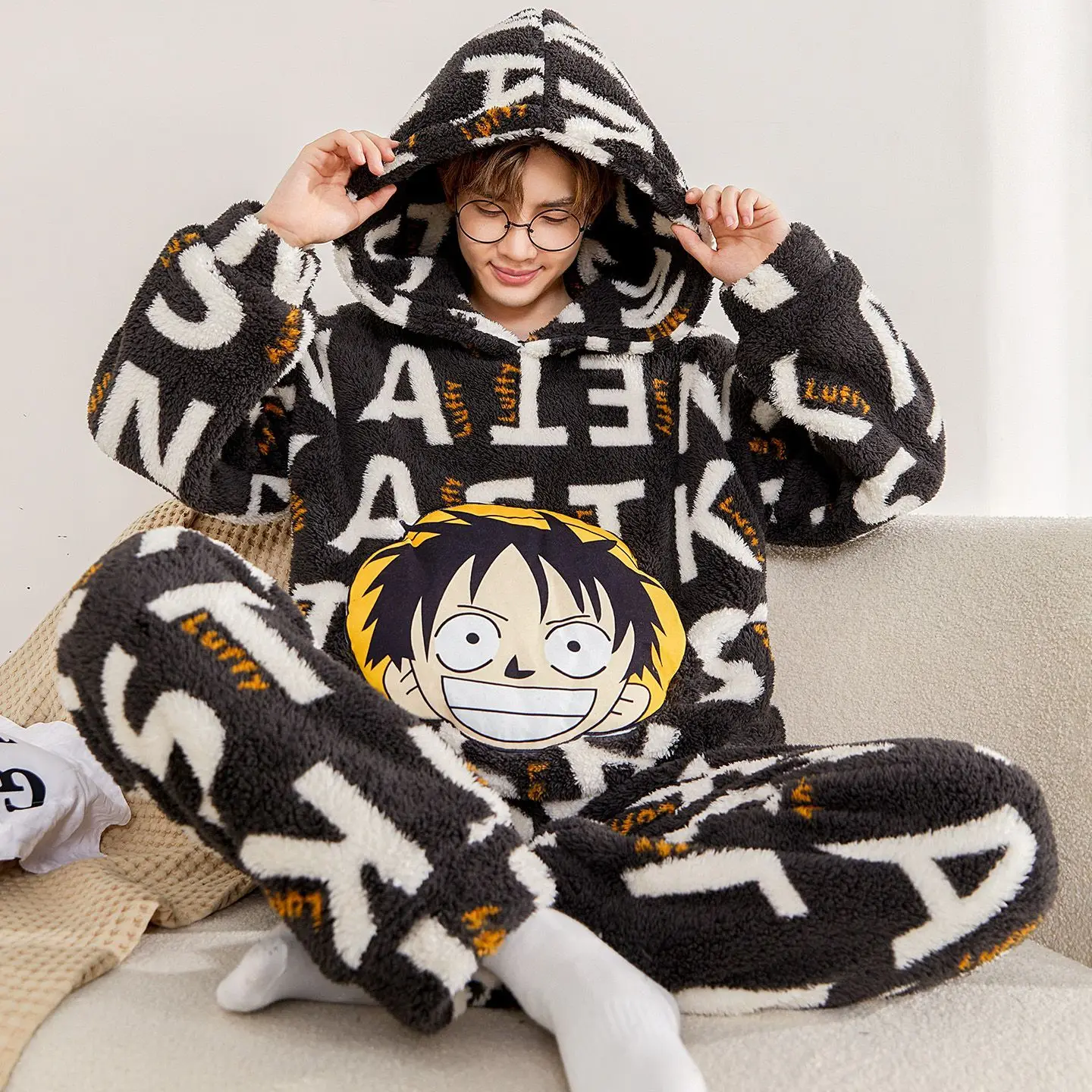 Anime Monkey D Luffy Hooded Pajama Suit Winter Plush Coral Fleece Sleep Set Letter Pattern Cozy Home Clothing Daily Rest Wear