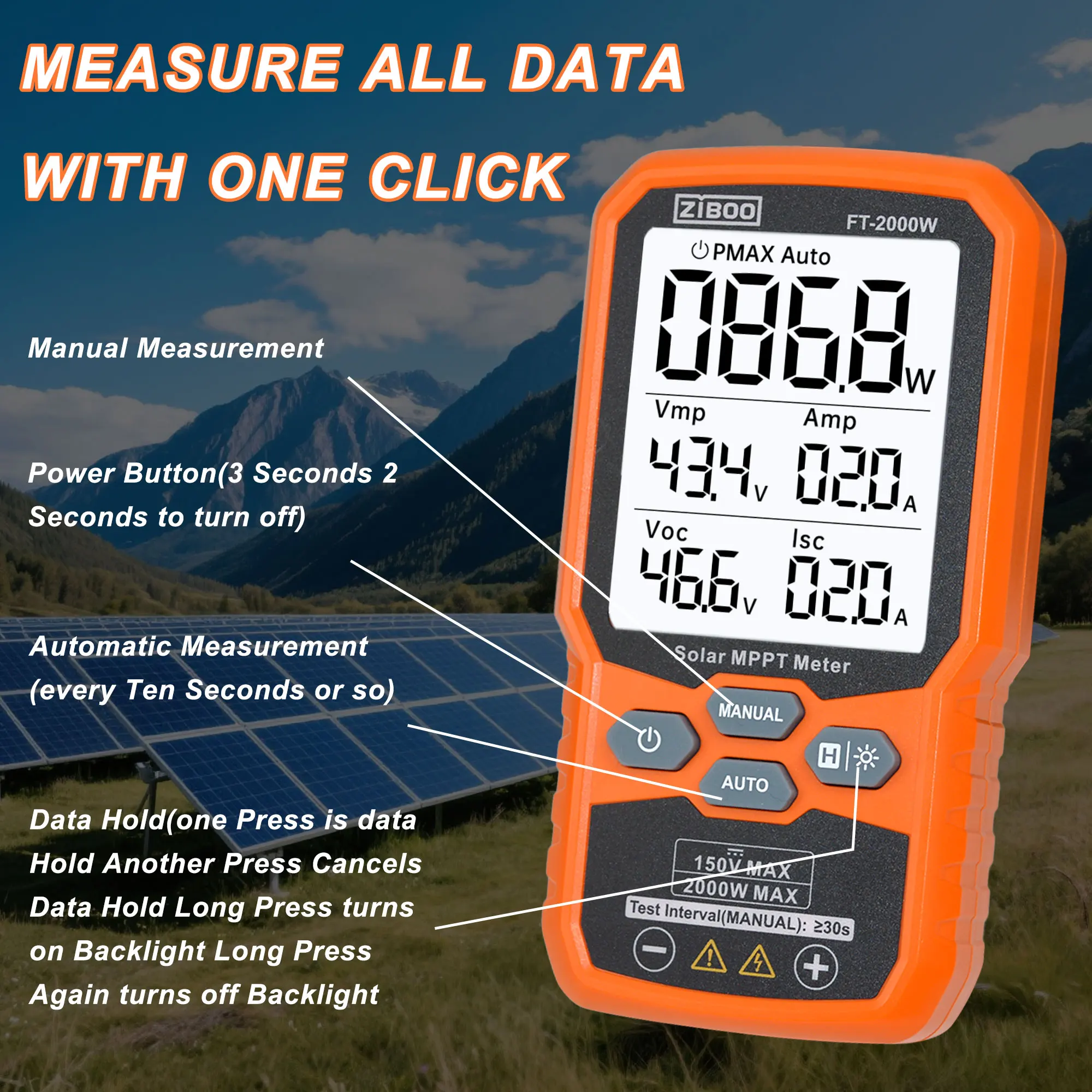 

Solar Tracker Multimeter,Solar MPPT Meter ZIBOO FT-2000W FT-1000W Photovoltaic ,Open Circuit Voltage Short Circuit Current.