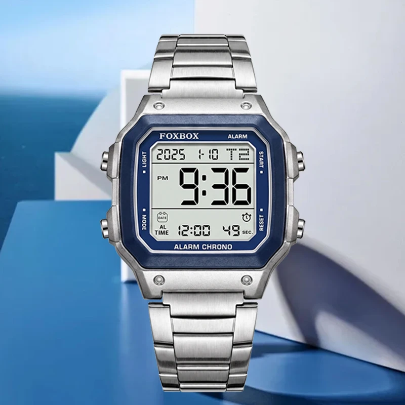 FOXBOX Men Digital Watches Square Casual Sport Wristwatch Waterproof Stainless Steel Band Alarm Chrono Male Electronic Man Watch