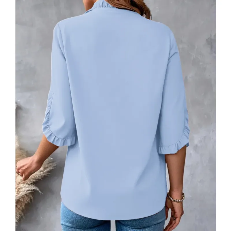여름 단순 솔리드 컬러 반팔 셔츠 블라우스 여성 프릴 v 넥 캐주얼 루즈 셔츠 탑 우아한 오피스 레이디 블라우스