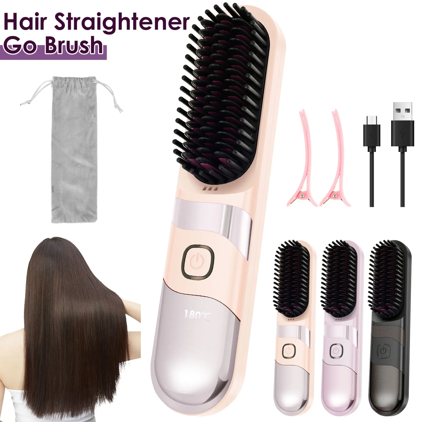 

Hair Straightener Brush Cordless Rechargeable Heating Hair Styling Comb Portable Multifunctional with 3 Temperature Settings
