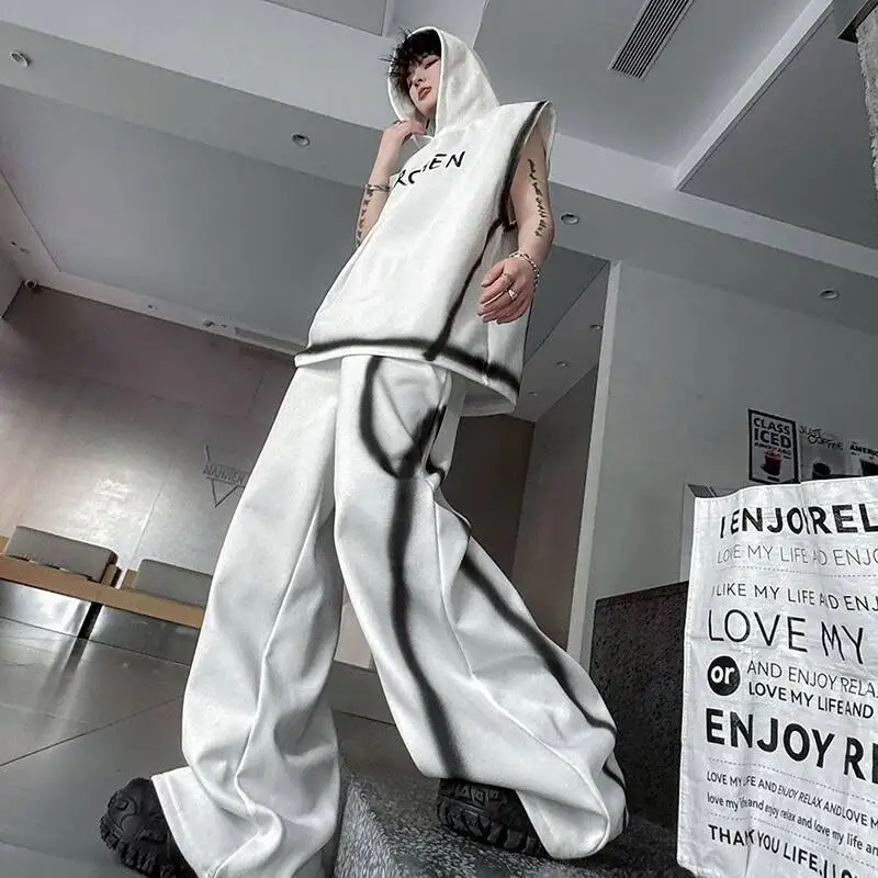 LUZHEN 2026 Sleeveless Summer Hoodies Tie-dyed Sweatshirt Stripe Letter Loose Wide Leg Casual Pants Men's Two-piece Sets JY9046 - view 6