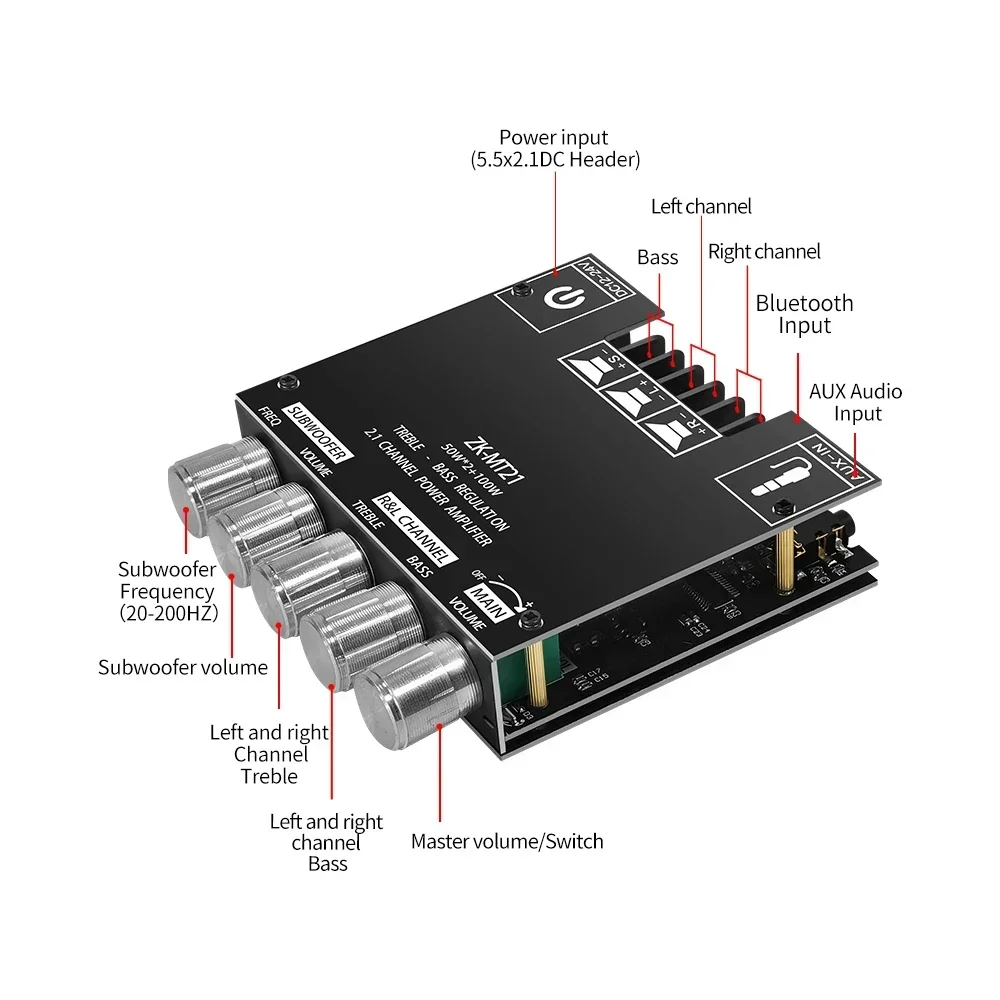 ZK-MT21 Placa Amplificadora de Som com Bluetooth, 2.1 Canais, Bluetooth 5.0, Áudio AUX, Módulo Amplificador para Eletrônicos de Consumo