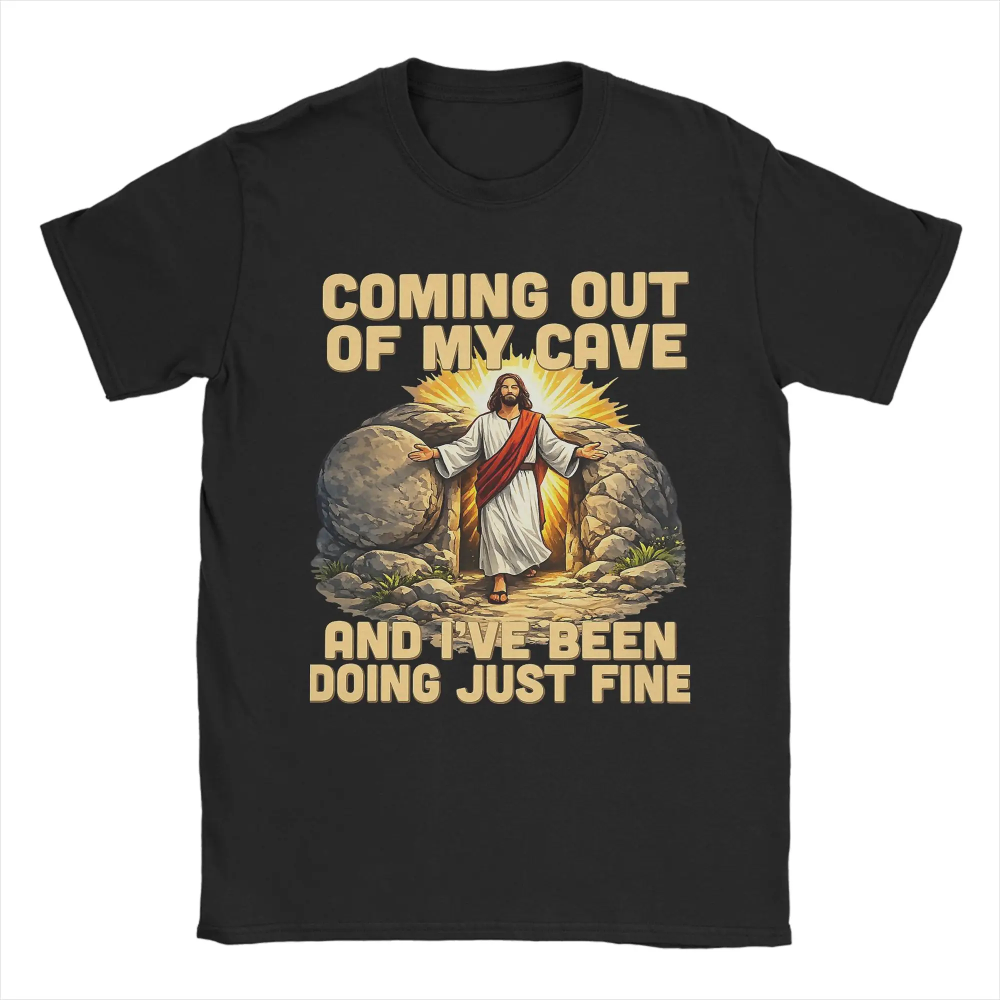 T-shirt pour hommes « Coming Out of My Cave Jesus Resurrection Easter », T-shirt vintage à manches courtes et col rond, vêtements en coton