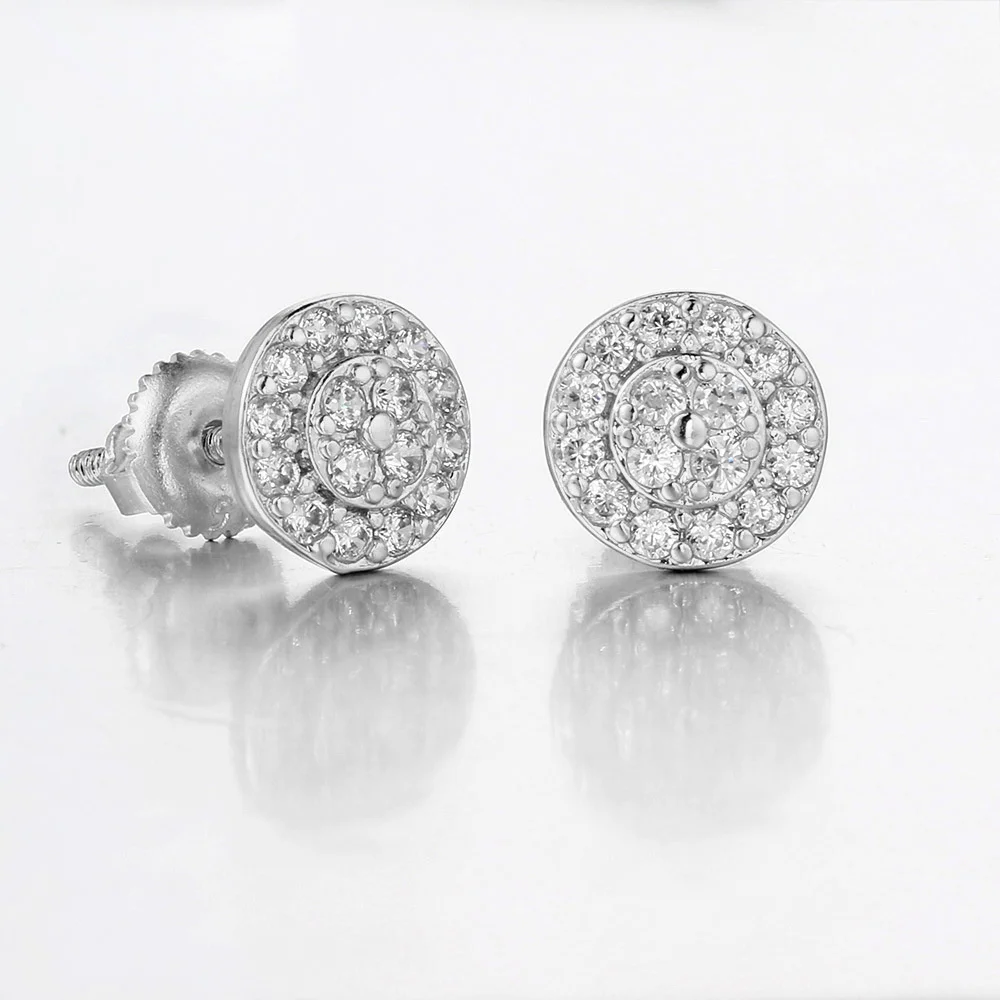 Male HipHop Full White Zircon Round Stud Earrings For Men Women Antique Gold Silver Color Small Screw Back Earring Party Jewelry