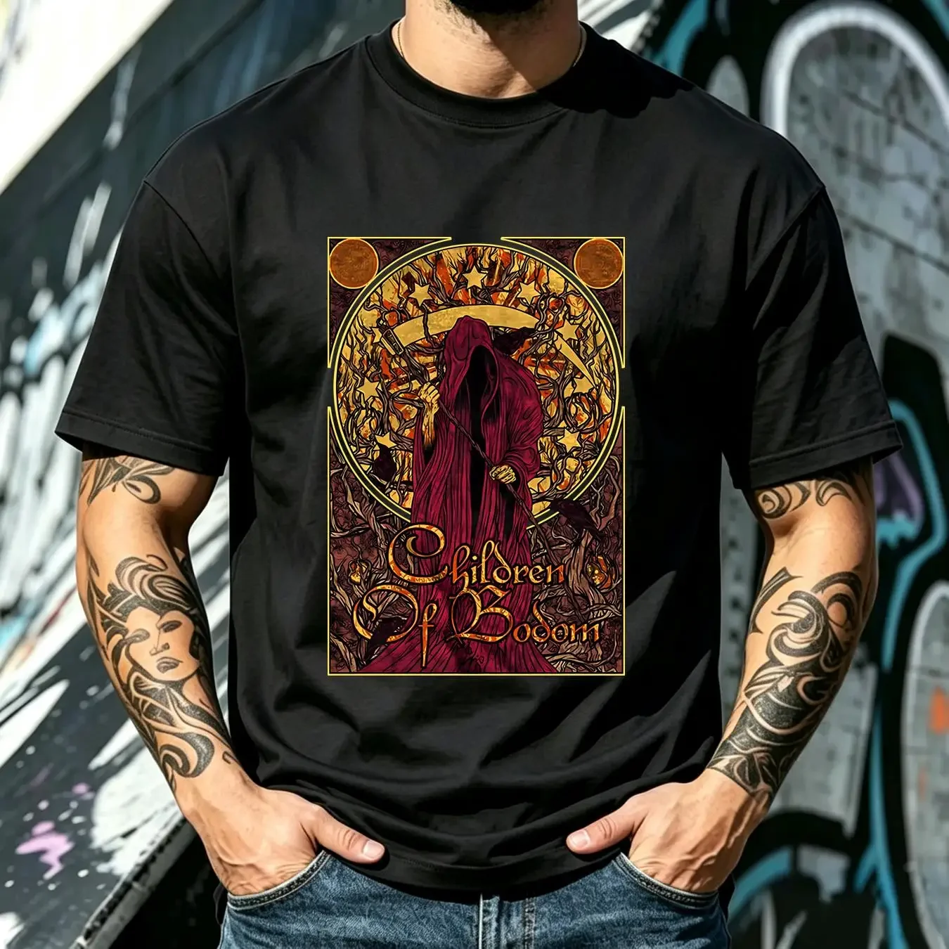 washed T Shirt children of bodom nouveau reaper slim fit vintage Washed Soft Top For Everyday Wear Slightly Casual streetwear