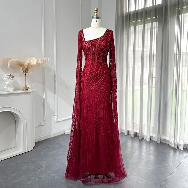 Elegant Burgundy Mermaid Evening Dresses with Long Sleeve Luxury Dubai Crystal Women Wedding Formal Party Gown LSZ146