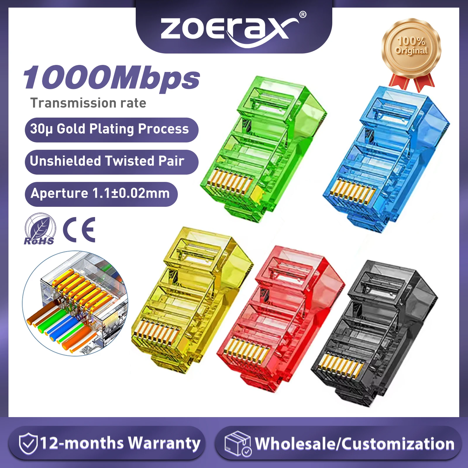 Złącza przelotowe ZoeRax RJ45 Cat6, różne kolory, wtyczka modułowa EZ do zaciskania do solidnego lub zwiniowego kabla sieciowego UTP