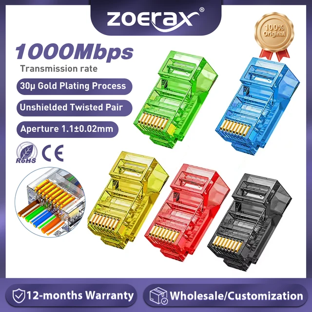 Złącza przelotowe ZoeRax RJ45 Cat6, różne kolory, wtyczka modułowa EZ do zaciskania do solidnego lub zwiniowego kabla sieciowego UTP