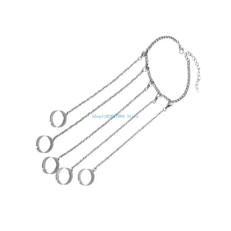 

N7YF Chain Finger Rings Bracelet Punk Chain Tassels Bracelet with Slave Finger Rings